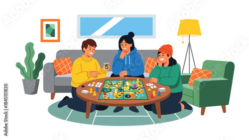 Friends playing board games together in modern flat vector illustration, social leisure and bonding activity, ideal for family and lifestyle themes