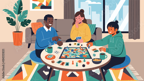 Friends playing board games together in modern flat vector illustration, social leisure and bonding activity, ideal for family and lifestyle themes