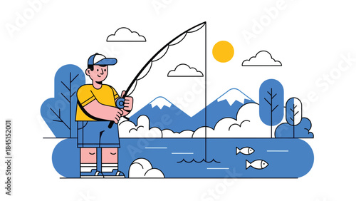Person fishing by river or lake illustrated in modern flat vector style, calm outdoor leisure activity, ideal for nature and lifestyle content