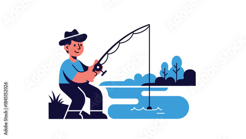 Person fishing by river or lake illustrated in modern flat vector style, calm outdoor leisure activity, ideal for nature and lifestyle content