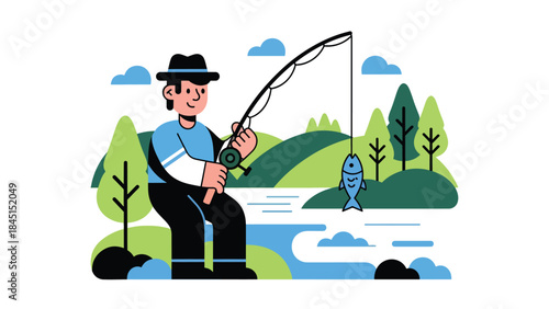 Person fishing by river or lake illustrated in modern flat vector style, calm outdoor leisure activity, ideal for nature and lifestyle content