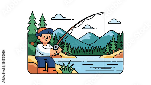 Person fishing by river or lake illustrated in modern flat vector style, calm outdoor leisure activity, ideal for nature and lifestyle content