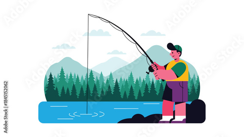 Person fishing by river or lake illustrated in modern flat vector style, calm outdoor leisure activity, ideal for nature and lifestyle content