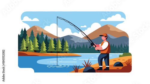 Person fishing by river or lake illustrated in modern flat vector style, calm outdoor leisure activity, ideal for nature and lifestyle content