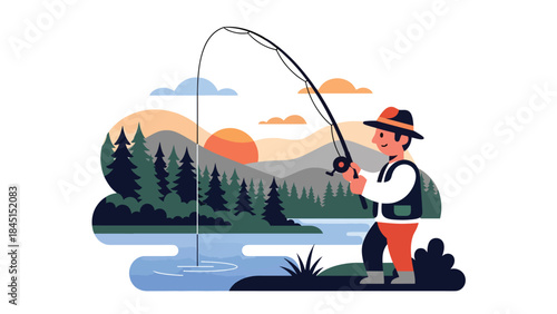 Person fishing by river or lake illustrated in modern flat vector style, calm outdoor leisure activity, ideal for nature and lifestyle content