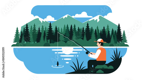 Person fishing by river or lake illustrated in modern flat vector style, calm outdoor leisure activity, ideal for nature and lifestyle content
