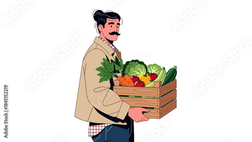 Man holding a wooden crate full of fresh vegetables, healthy food concept