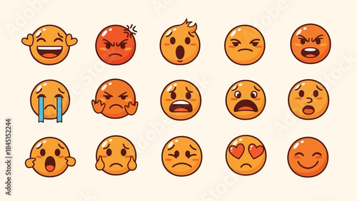 Set of Orange Emoji Faces Expressing Various Emotions and Feelings