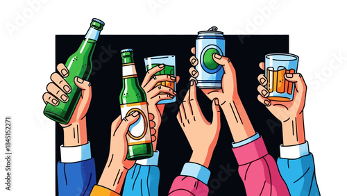 Hands Raising Alcoholic Drinks in Celebration Toast for Party or Event