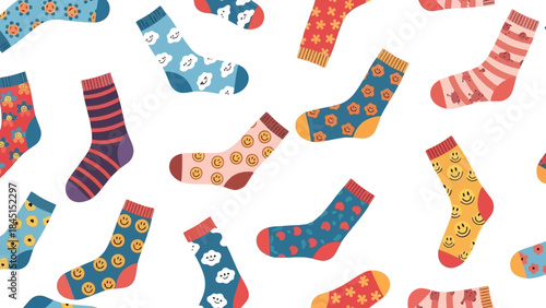 Cheerful Socks Pattern with Colorful Designs and Smiley Faces on White Background