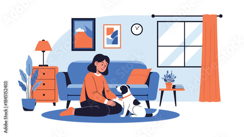 Person playing with pet at home in modern flat vector illustration, animal care leisure activity, ideal for lifestyle and pet-related content