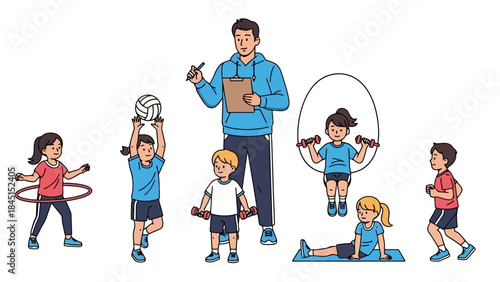Coach Supervising Children Exercising with Sports Equipment and Fitness Gear
