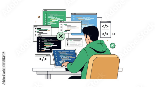 Programmer working on a laptop surrounded by code on a desk