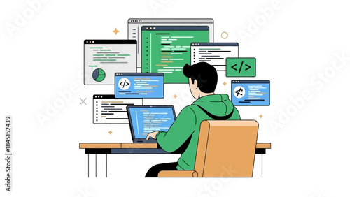 Programmer Working on Laptop Surrounded by Multiple Coding and Screens