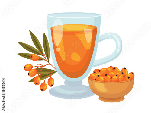 Sea buckthorn tea. Flat vector clipart, illustration with isolated background.