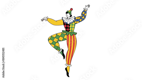 Jester character in colorful diamond pattern costume dancing with joy, isolated on white