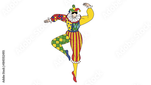 Dancing Harlequin Jester Character in Colorful Costume, Vector Illustration