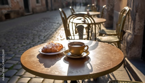 Fototapeta Naklejka Na Ścianę i Meble -  Cup of black coffee with almond pastry on a small outdoor café table, European street vibes, relaxed travel lifestyle scene with natural light.