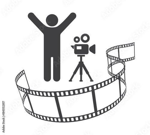 cameraman  with film video camera and film reel icon