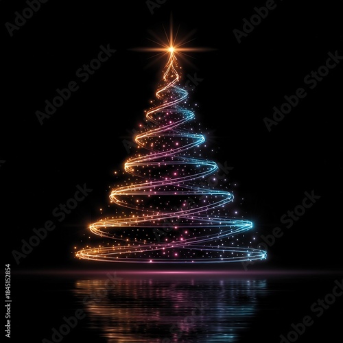 vector christmas tree with glowing lights, vector illustration, black background, colorful design, simple lines, high quality, high resolution, bright colors, festive atmosphere. vector christmas tree