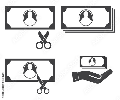 scissors cut dollar banknote icon set
