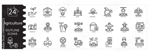 Agriculture and Farming Vector Icon Set Featuring Crop Growth, Tractor, Plant Cultivation, Harvesting, Fertilizer, and Rural Nature Illustrations, Professional Farming and Agronomy icons