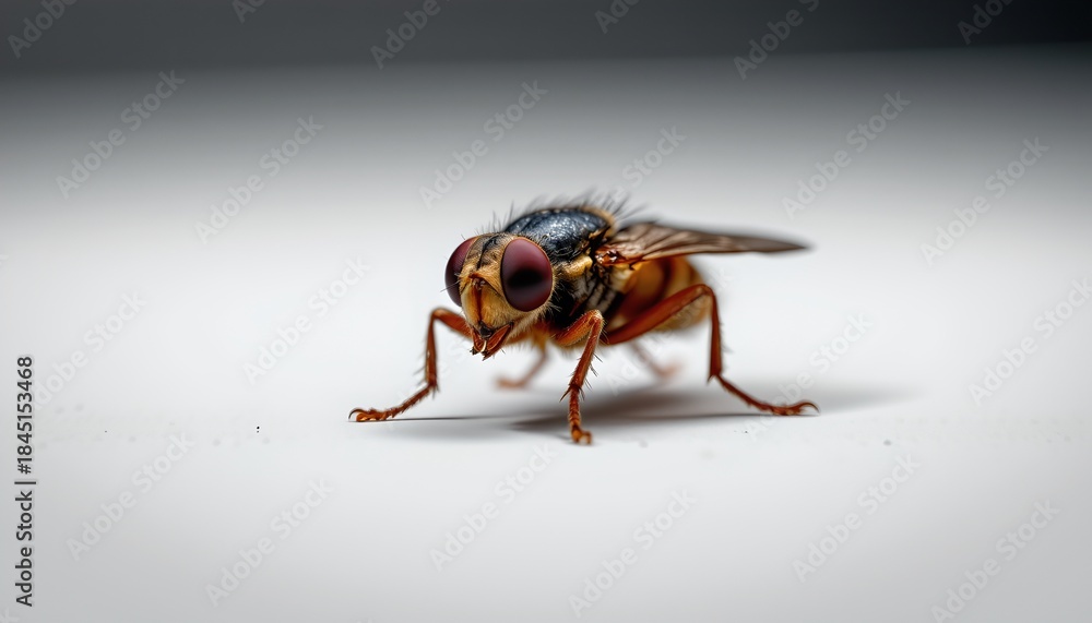 Naklejka premium A small flying insect, which appears to be a fly or mosquito, perched on a surface with its wings folded and antennae extended