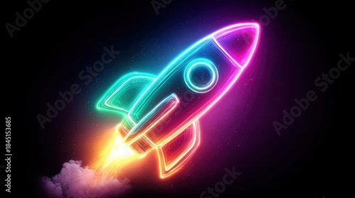 Fototapeta Naklejka Na Ścianę i Meble -  Neon rocket ship soaring through the night sky with colorful lights