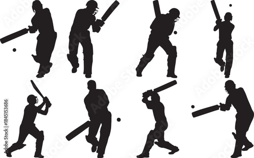 Cricket Player Batting Silhouettes in Dynamic Action Poses