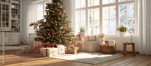 Christmas gift boxes on floor under xmas tree at home. Winter holiday season.