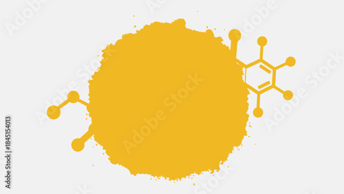 Vibrant yellow molecular structure illustration on white background with abstract splatter design