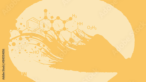 A bright yellow background with a molecular structure of a chemical compound superimposed on a stylized wave design