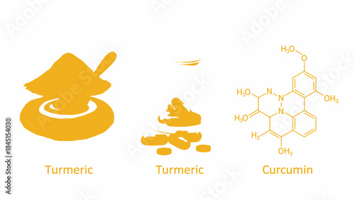 Turmeric spice and curcumin chemical structure illustration for culinary and health concepts