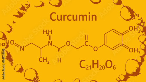 Curcumin molecular structure illustration with chemical formula and yellow background, representing a key compound found in turmeric for health and nutrition