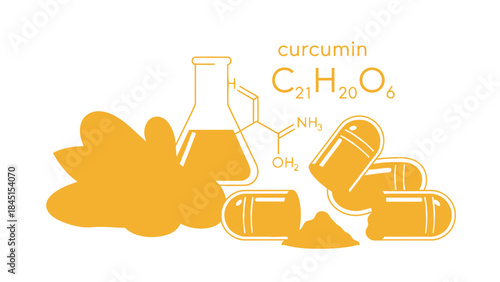 Curcumin supplement powder and capsules with chemical formula and molecular structure on white background for health and nutrition concepts