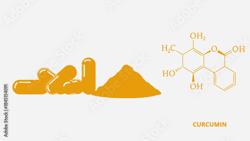 Curcumin powder and capsules with molecular structure formula on white background for health and nutrition concepts