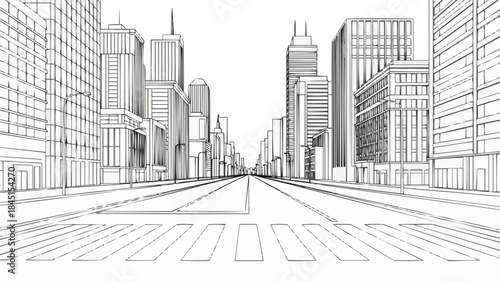 Modern City Street View with Tall Buildings and Pedestrian Crossing.