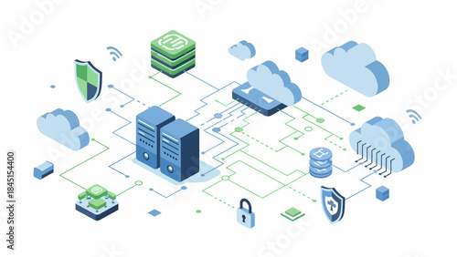 Digital network infrastructure and data security cloud computing concept with servers and security icons