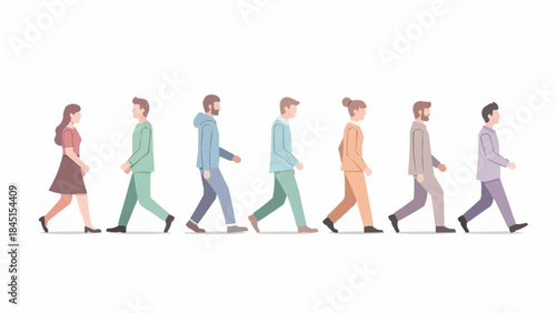 Diverse group of people walking in a line illustration.