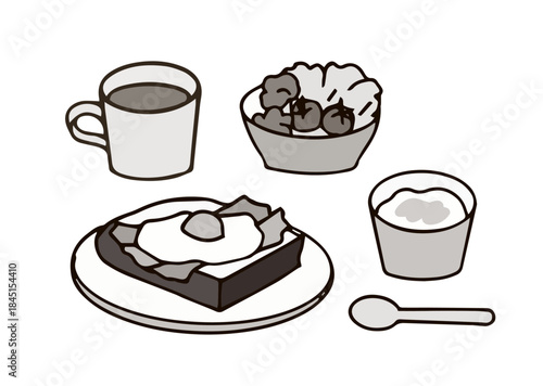 健康的な朝食のイラスト＿洋食＿白黒