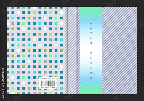 Modern cover template. Checkered pattern of small colored squares on gray background, diagonal stripes, gradient element. Vector layout for book, planner, notebook  or other printed publication.