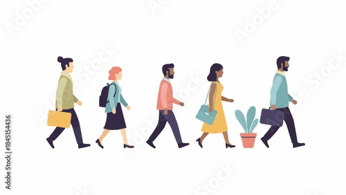 Diverse group of people walking together in a line.