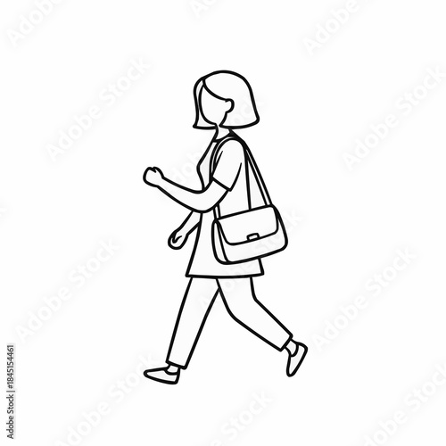 Simple Line Drawing of a Woman Walking with a Shoulder Bag.