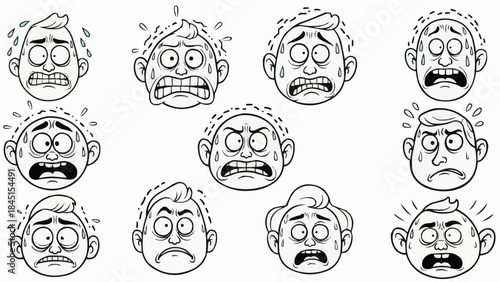 Collection of cartoon faces expressing various emotions like fear and anger.