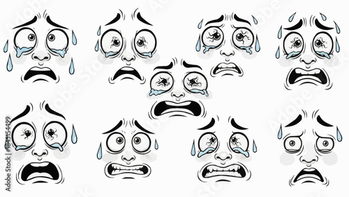 Collection of distressed and fearful facial expressions in black and white.