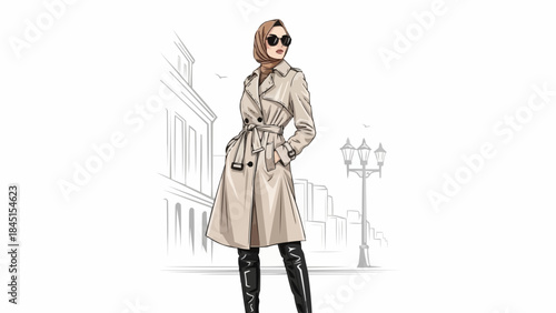 Elegant Woman Wearing a Classic Trench Coat and High Boots.