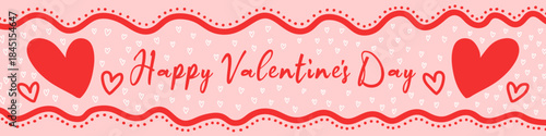 Horizontal banner for Valentine's Day with inscription. Red hearts and decorative pink wavy lines on light pink background. Design for websites, blogs or social media ahead.