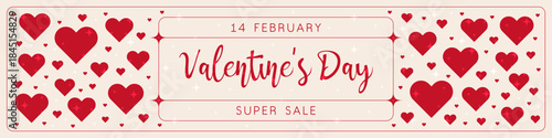 Valentine's Day sale horizontal advertising banner. Beige cream background with red hearts and small stars. Light radiance effect. Template design for marketing, websites and shops.