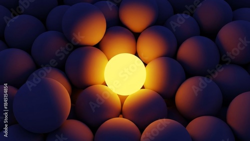Glowing yellow sphere stands out among dark matte orbs symbolizing unique idea innovation and standing apart