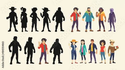 Diverse Group of People Silhouettes and Full Color Characters.